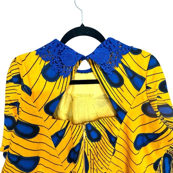 Vibrant African Print Yellow and Blue Long Sleeve Dress with Collared Beading - Picture 4 of 9